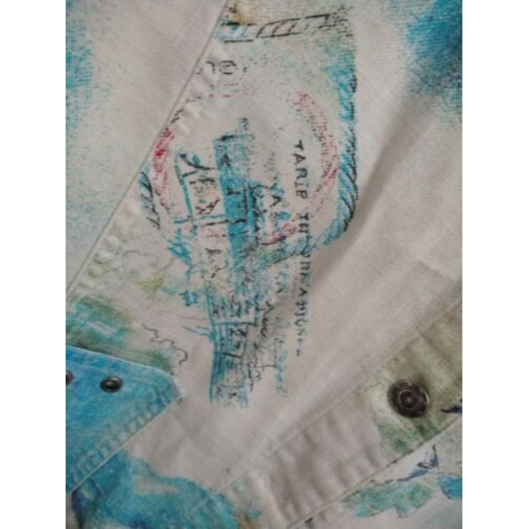 CHICOS Women's Size 1 Beach Vest Off White Blue Green Turquoise Fish Vacay Ocean - Picture 6 of 11